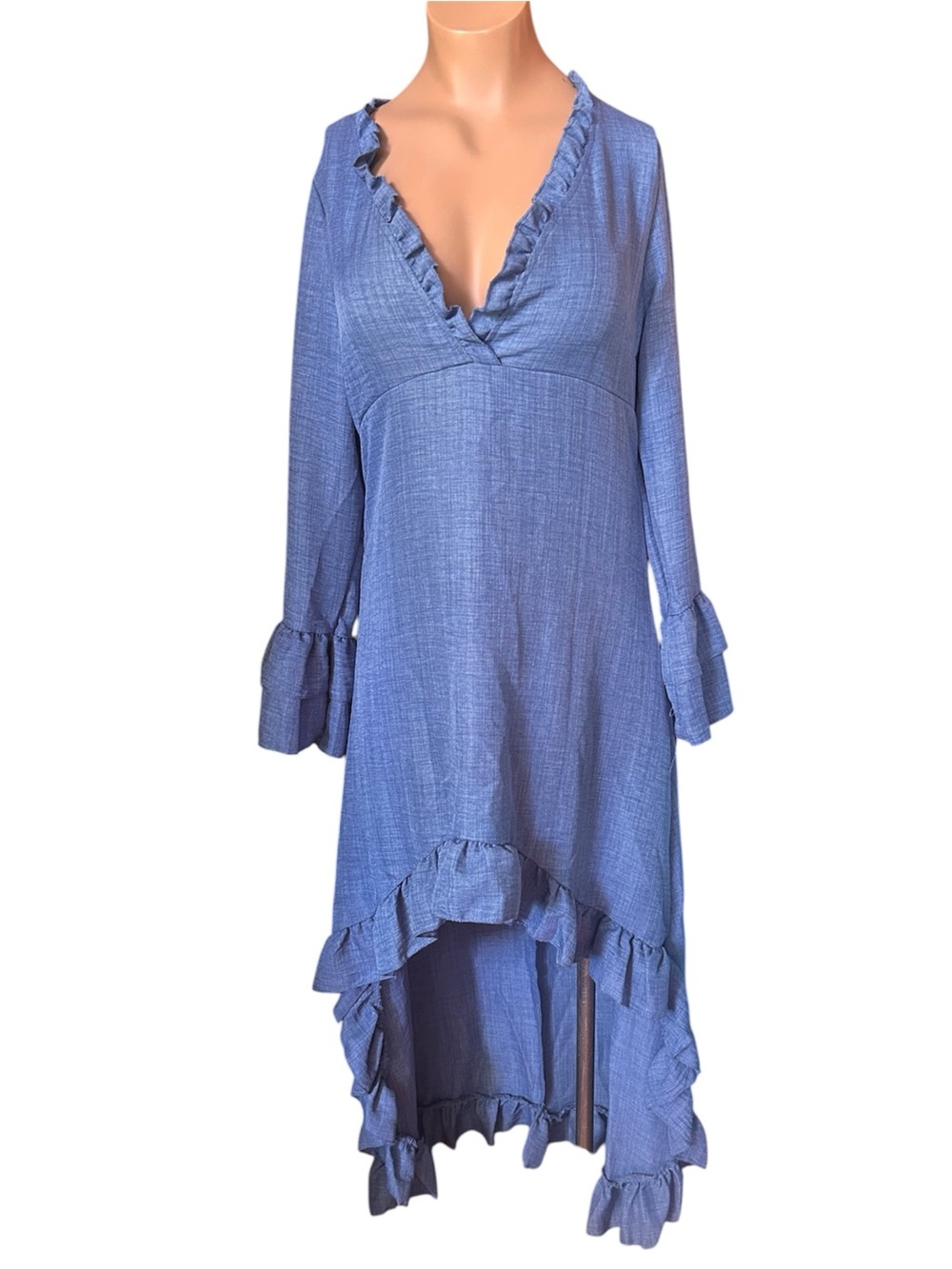Blue Ruffle V-Neck High-Low Dress - Picture 2 of 2